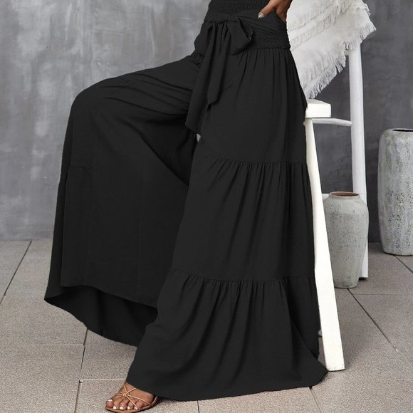 Black Boho Womens Shirred Waist Tie Front Ruffle Hem Wide Leg Pants - Picture 1 of 5